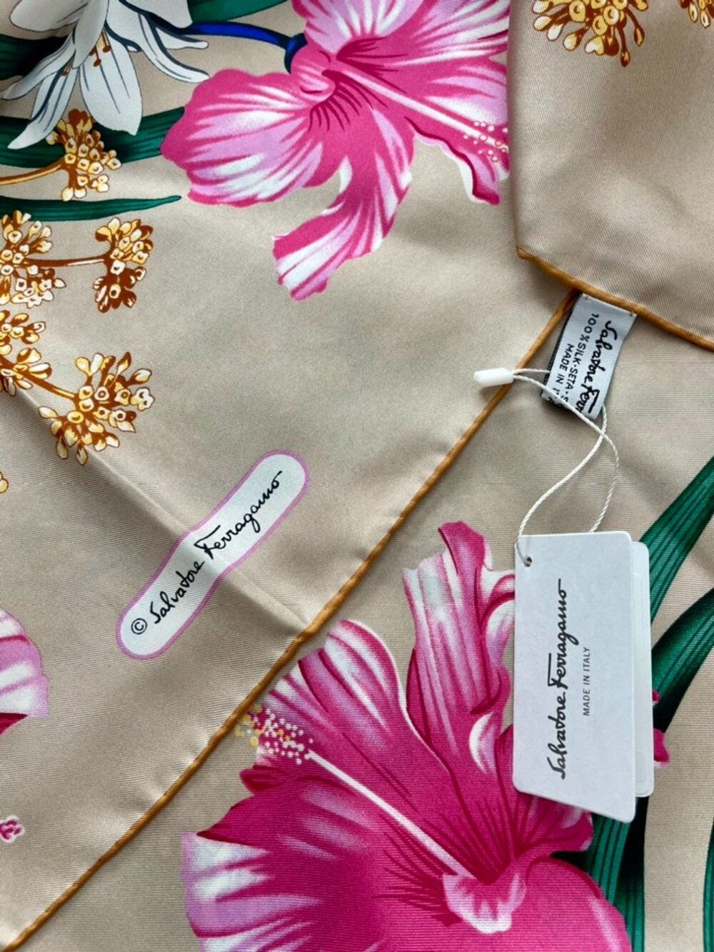 Display #4 Salvatore Ferragamo Pink Floral Silk Scarf with Gold Accents - Picture 7 of 12